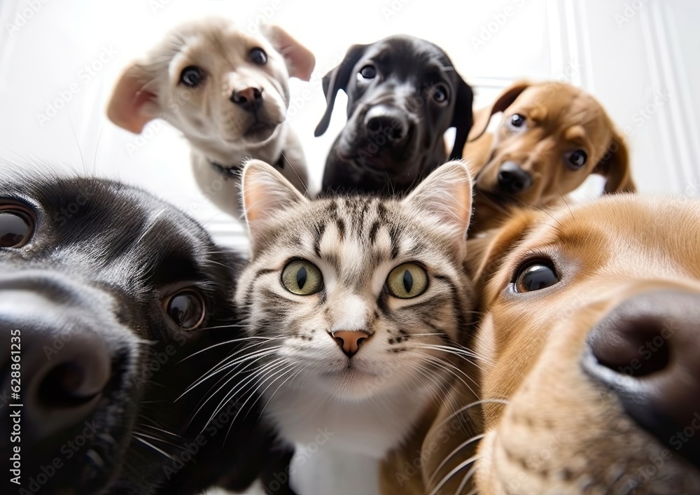 Cute puppies and cats looking into the wide angle lens. Generative AI