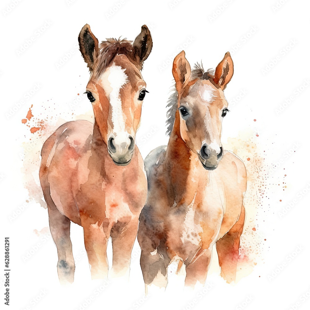 Two young horses on a white backgroundGenerative AI