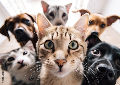 Cute puppies and cats looking into the wide angle lens. Generative AI