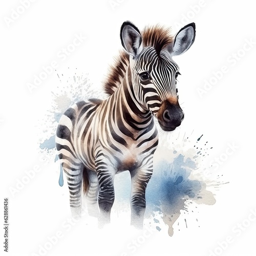 Cute young zebra on a white background. Generative AI