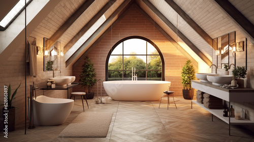 Elegant attic bathroom with bathtub, Generative AI. © Siddartha