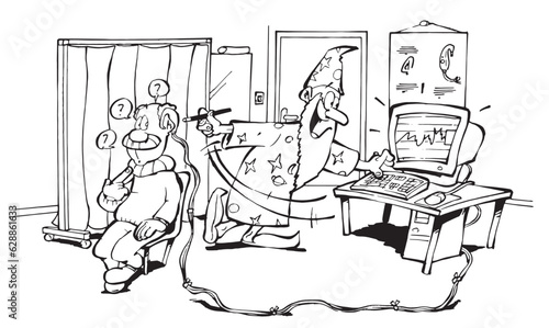 Cartoon. A wizard setting up a hearing aid using a computer.