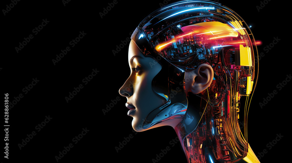 Female robot face, Artificial intelligence concept. Generative AI Female robot face, Artificial intelligence concept. Generative AI