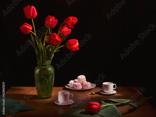 In a dark room, on a wooden table is a green vase with tulips. next to the table are two white cups and a plate of marshmallows