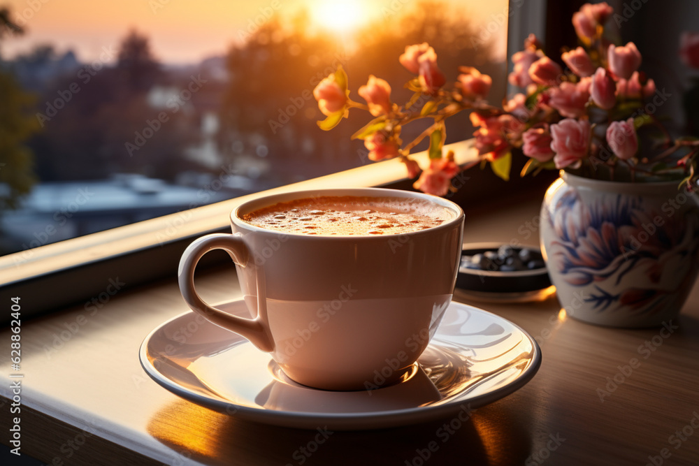 Delicious breakfast by the window. Coffee and croissants and fruits. Delicious breakfast by the window. Coffee and croissants and fruits.