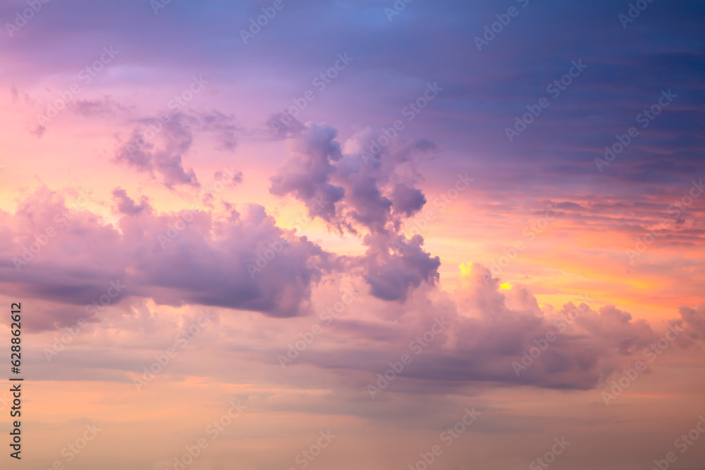 Sunrise sundown sky with gentle colorful clouds without birds. Real sky.  Cloudscape