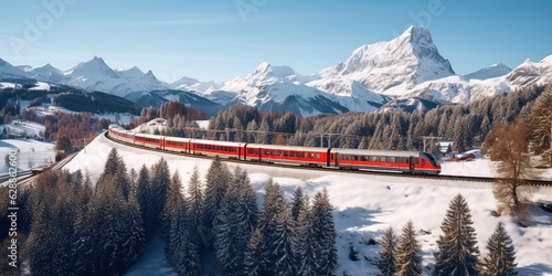 Express train in snowy winter mountains, mountain ranges under blue sky.