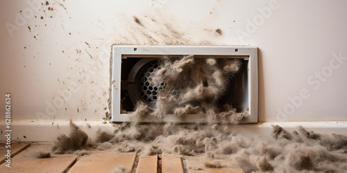 Dirty air vent in the wall with dust in the house. photo