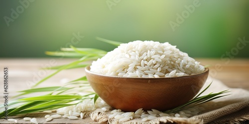 White rice and brown rice in a bowl on a background of green leaves. photo