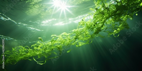 Green algae sway underwater with bubbles. photo