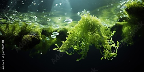 Green algae sway underwater with bubbles.