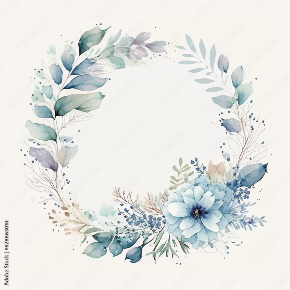 Fototapeta premium vector blue flowers circle frame watercolor paint