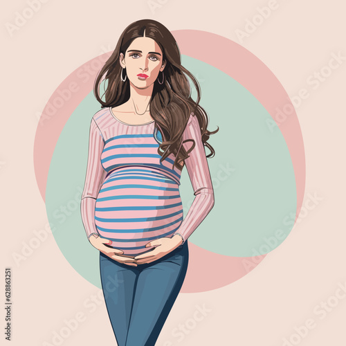 Detailed illustration of a pregnant woman with brown long hair wearing a striped shirt