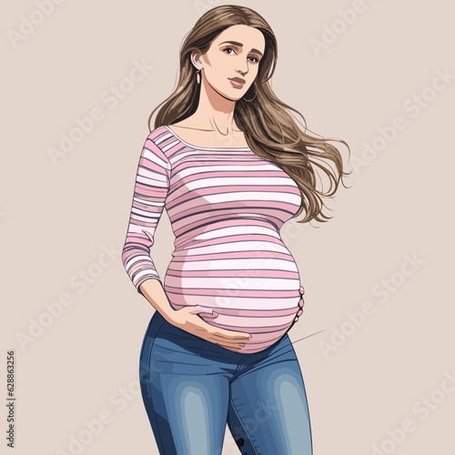 Detailed illustration of a pregnant woman with brown long hair wearing a striped shirt