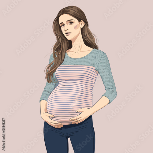 Detailed illustration of a pregnant woman with brown long hair wearing a striped shirt