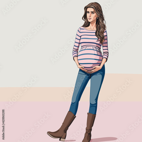 Detailed illustration of a pregnant woman with brown long hair wearing a striped shirt