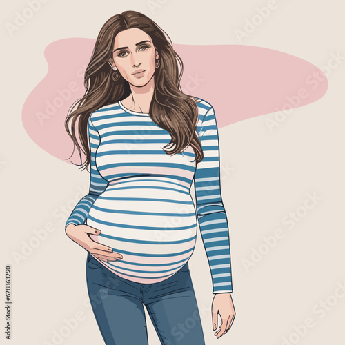 Detailed illustration of a pregnant woman with brown long hair wearing a striped shirt