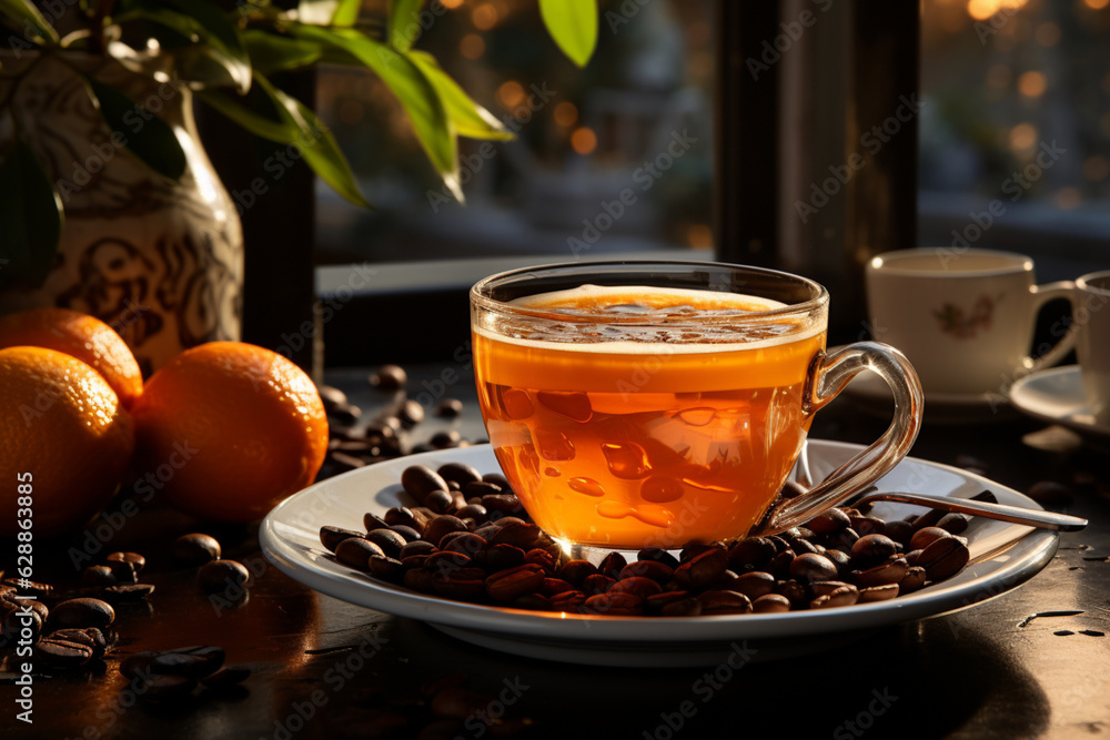 Delicious breakfast by the window. Coffee and croissants and fruits. Delicious breakfast by the window. Coffee and croissants and fruits.