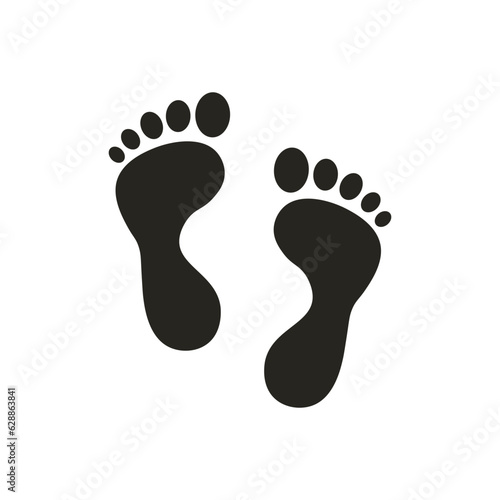 Isolated illustration of black pictogram footprint, foot print, trace bare feet on ground, step, steps, for nature, adventure, sports graphic template