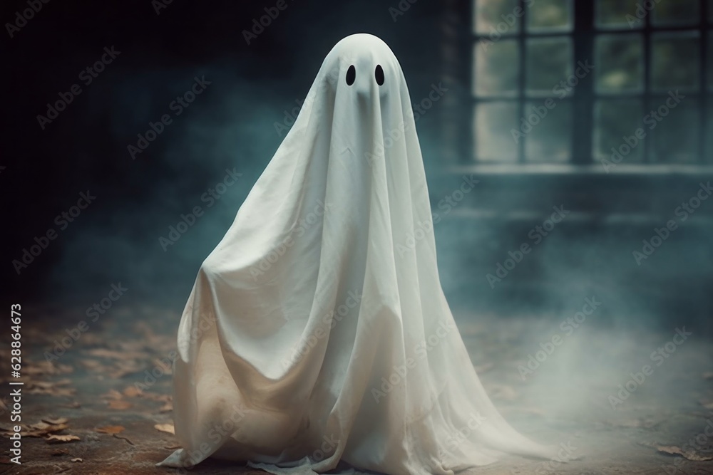White sheet ghost costume. Ghost Challenge. Halloween concept. Background with selective focus and copy space White sheet ghost costume. Ghost Challenge. Halloween concept. Background with selective focus and copy space