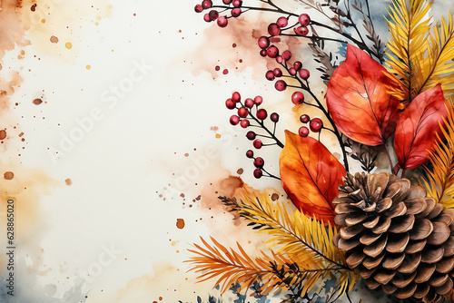 Watercolor autumn background with pine cones and berries. Watercolor illustration.