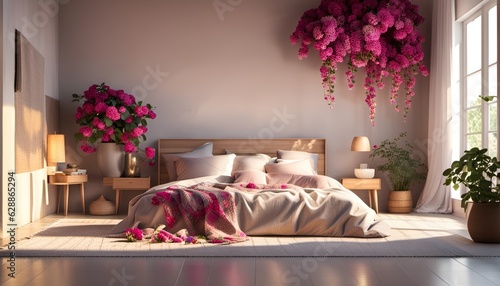 Boho bedroom interior with bed. Generative AI