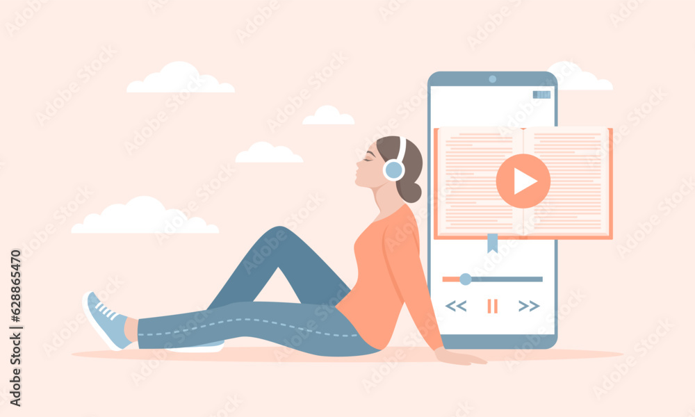 A young woman in headphones sitting near a large smartphone with an audiobook app on the screen. A woman listening to an audio book. Flat vector illustration A young woman in headphones sitting near a large smartphone with an audiobook app on the screen. A woman listening to an audio book. Flat vector illustration