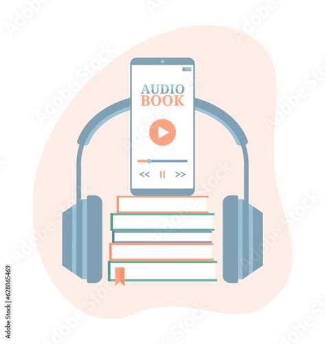 Headphones, a stack of books and a phone with an audiobook app on the screen. Flat vector illustration