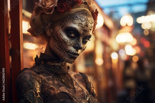 A woman in a zombie costume. Halloween concept. Background with selective focus and copy space