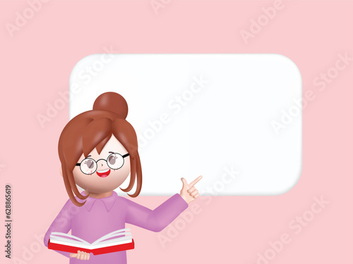 3d businesswoman character pointing to white placard  illustration vector rendering.