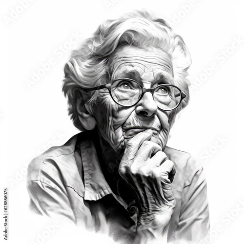 White old woman in thinking and doubts monochrome illustration. Female character with dreamy face on abstract background. Ai generated black and white sketch poster.