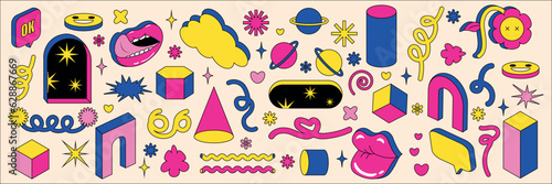 Abstract surreal cartoon sticker set. Cartoon flowers lips, cloud, geometric 3d shapes, arch, window, modern psychedelic style. Vector illustration.