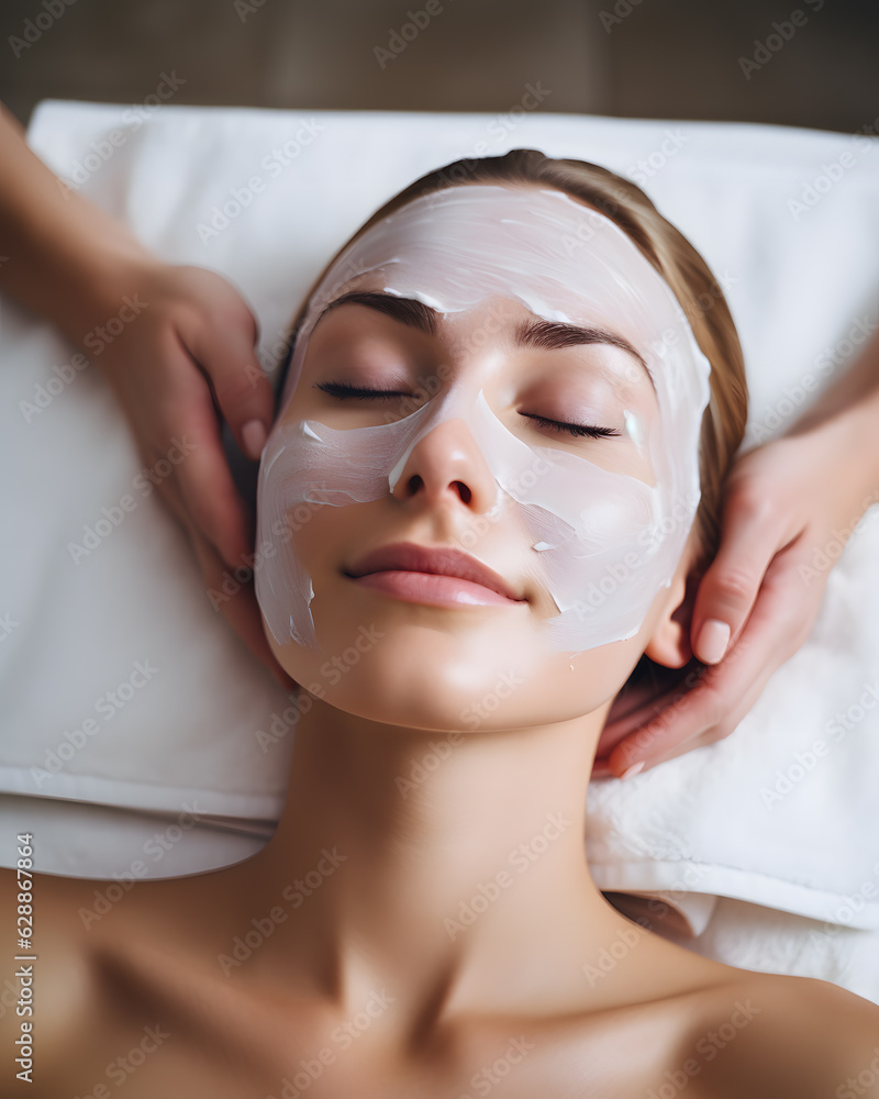 Beautiful girl doing facial spa massage in luxury beauty clinic, mask on face