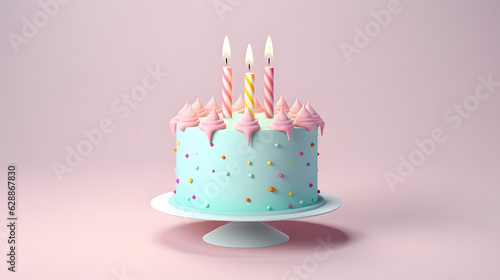 Pastel colored birthday cake decorated with cream and candles with pastel background