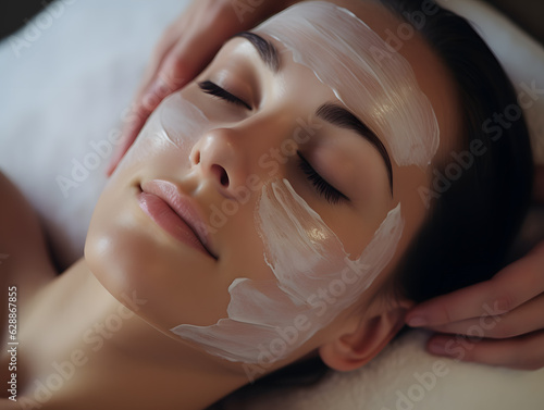 Beautiful girl doing facial spa massage in luxury beauty clinic, mask on face