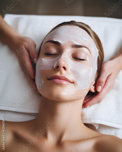 Beautiful girl doing facial spa massage in luxury beauty clinic, mask on face