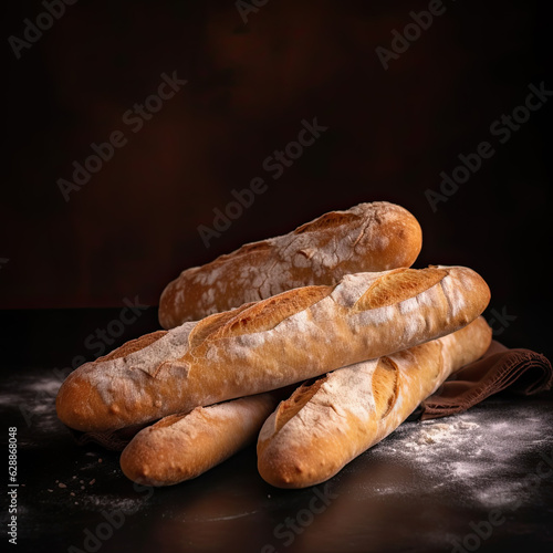Whole baguette bread loaf with flour sprinkles created with Generative AI technology