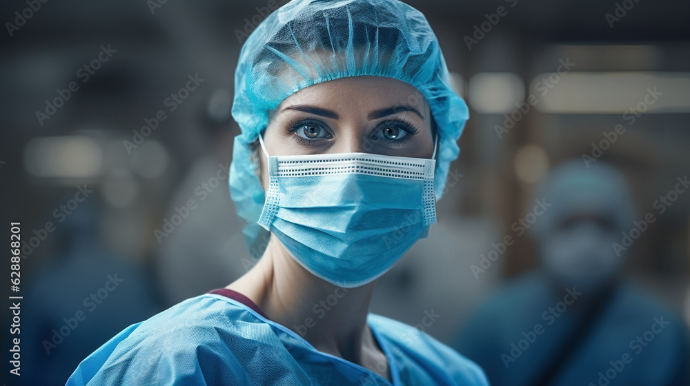 Portrait of a female surgeon wearing mask and surgical cap Portrait of a female surgeon wearing mask and surgical cap