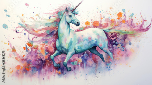 beautiful illustration of a watercolor drawing of a unicorn in iridescent multicolored paints