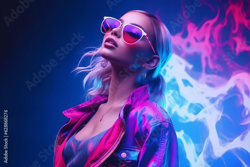 portrait of a stylish young girl model with blond hair in glasses in smoke in neon lighting