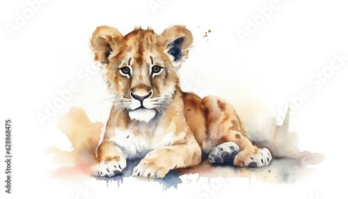 Isolated watercolour painting of baby lion on white background, generative ai