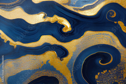 Blue and golden acrylic liquid ink swirl abstract background with ravishing turbulence wavy pattern and detailed texture. Luxury fluid liquid art by Generative AI.