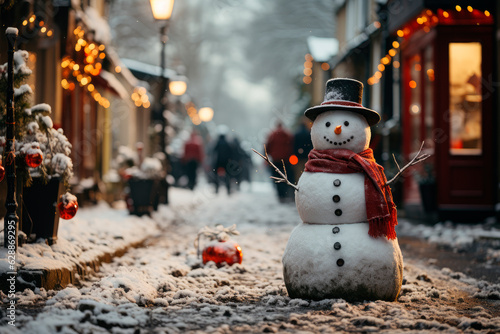 Photo Happy snowman standing in winter christmas town street