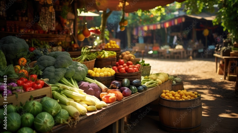 A farmer's market stall filled with locally sourced fruits and vegetables. Generative AI