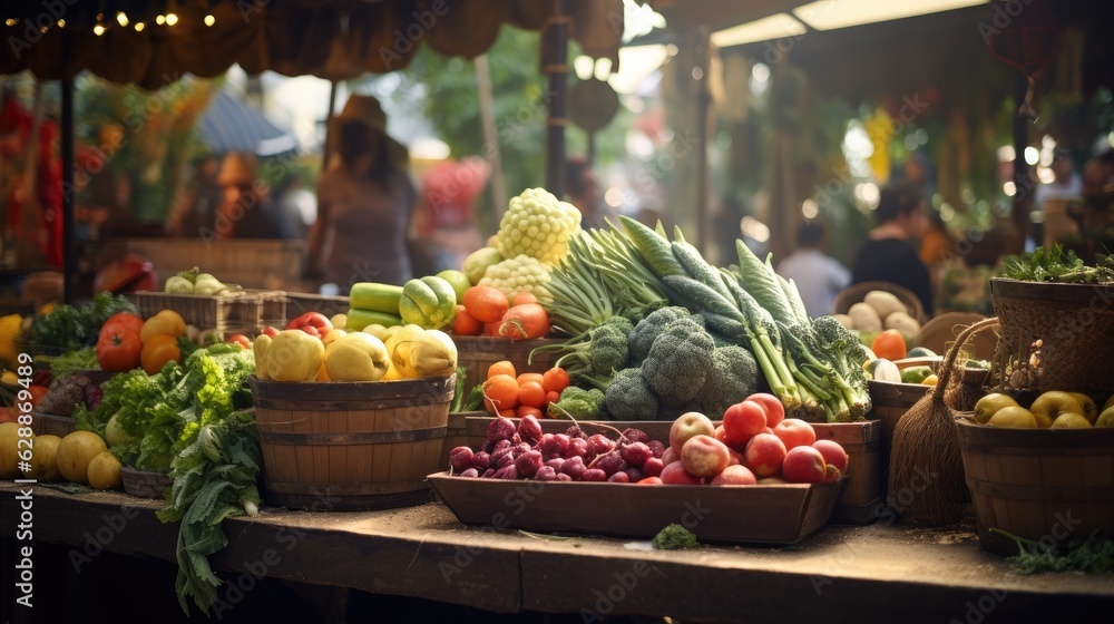A farmer's market stall filled with locally sourced fruits and vegetables. Generative AI