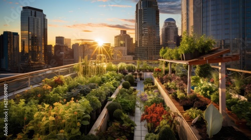 A thriving urban rooftop garden in the heart of the city. Generative AI photo