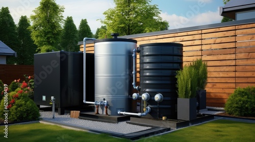 A rainwater harvesting system with a water tank and filtration unit. Generative AI