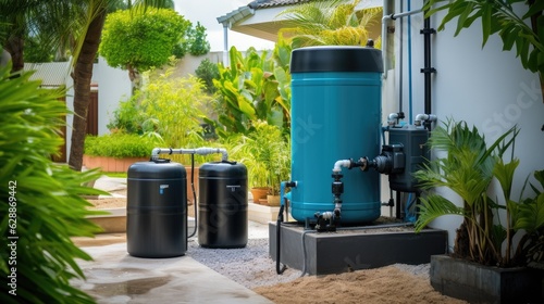 A rainwater harvesting system with a water tank and filtration unit. Generative AI