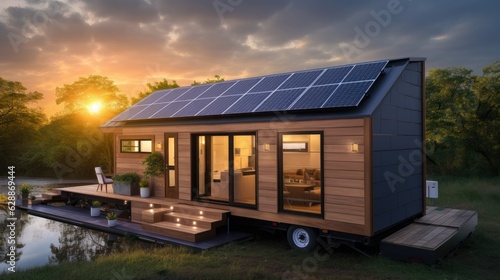 A modern tiny house equipped with solar panels on the roof. Generative AI © Jane Kelly