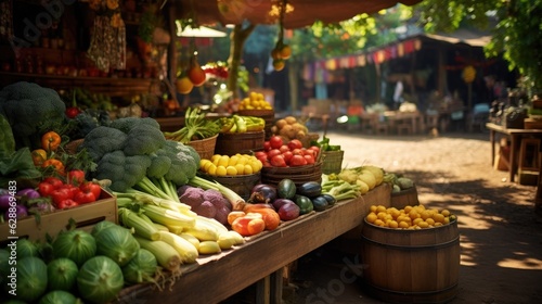 A farmer's market stall filled with locally sourced fruits and vegetables. Generative AI